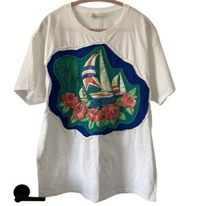 Upcycled 90s Mom Sailboat Tee | XL Women’s L Unisex | Retro Appliqué T-Shirt